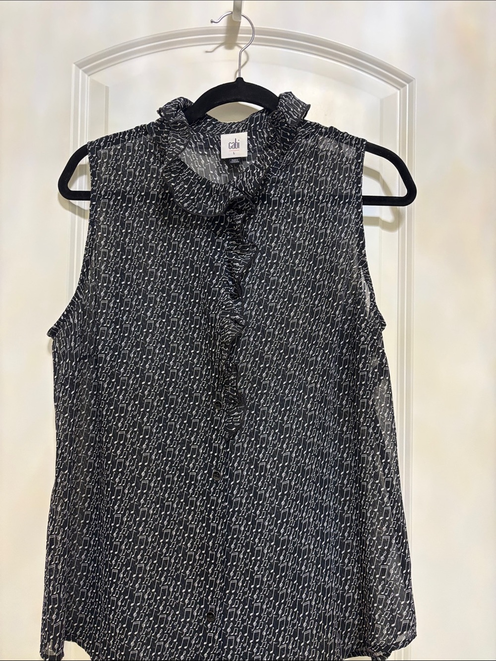 CAbi Black & White Ruffle Neck Sleeveless Blouse
